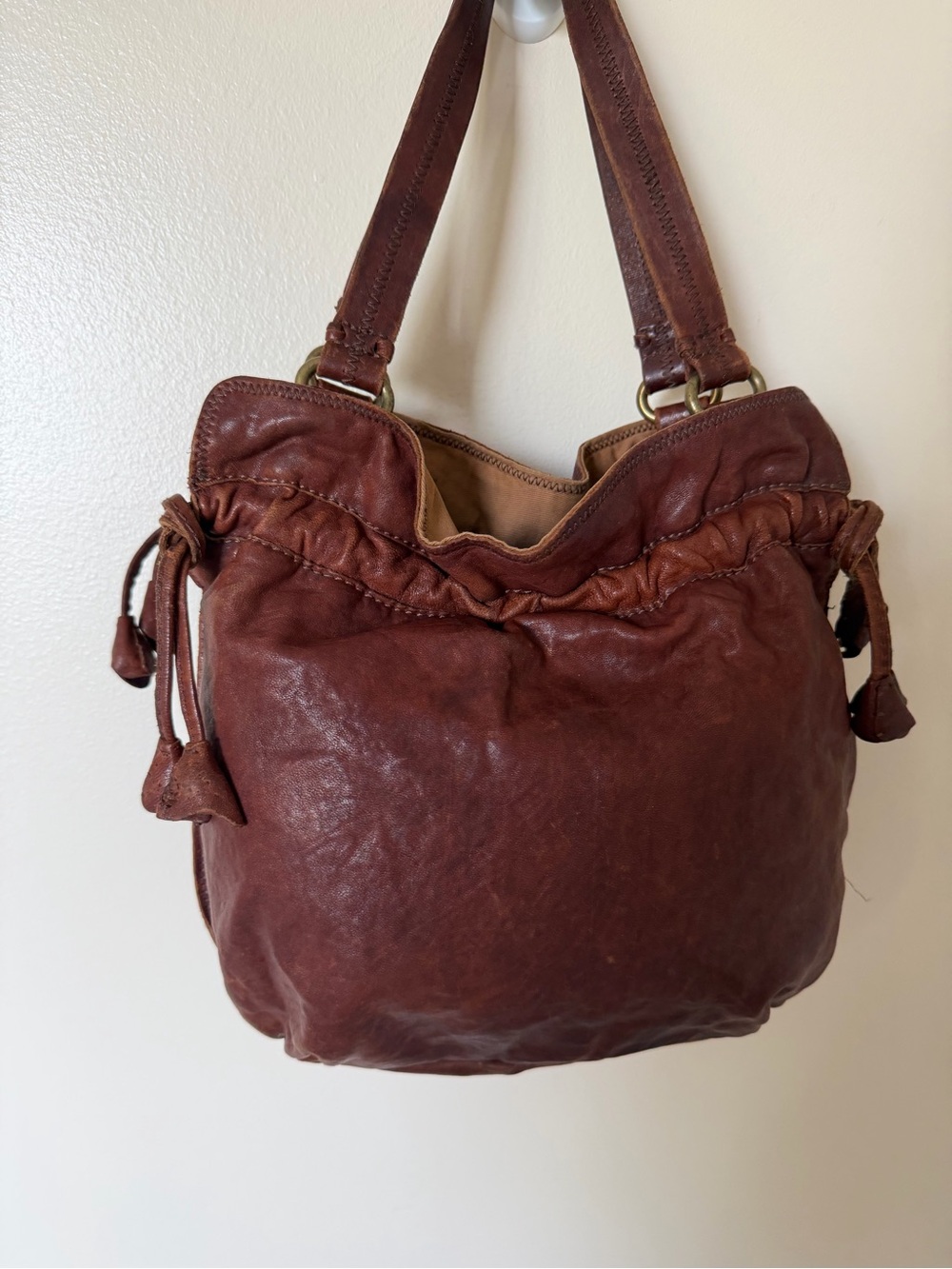 LUCKY BRAND Vintage Brown Leather Sinch Side Tote Shoulder Bag - Picture 7 of 13